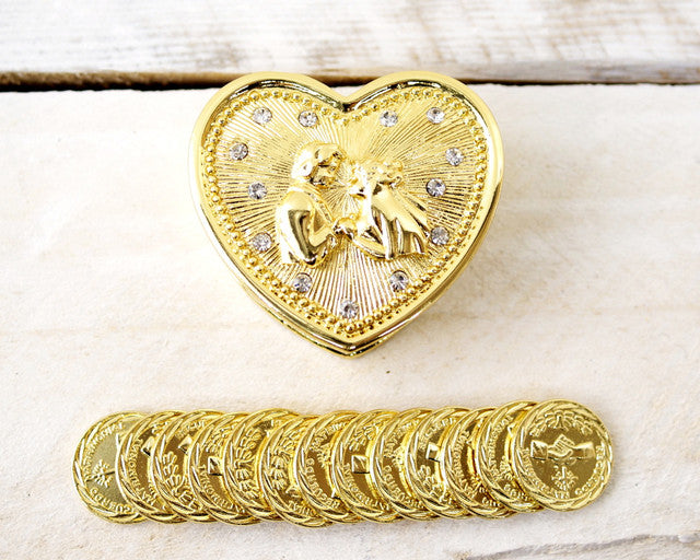 Gold Heart Wedding Arras Box Coin Set with Couple 2 Inch