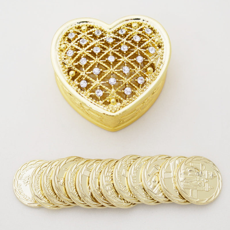 Gold Heart Arras Box Coin Set with Rhinestones 1.5 Inch