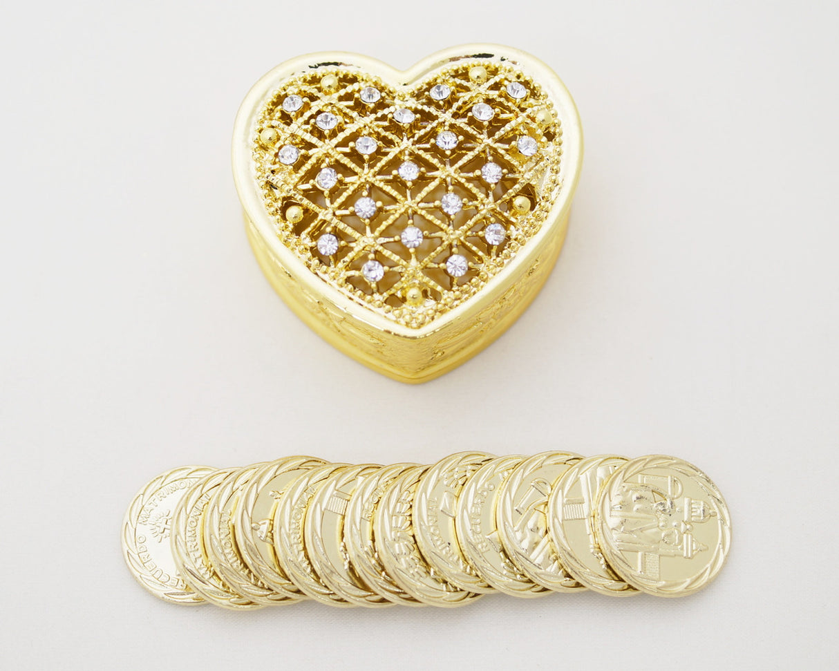 Gold Heart Arras Box Coin Set with Rhinestones 1.5 Inch