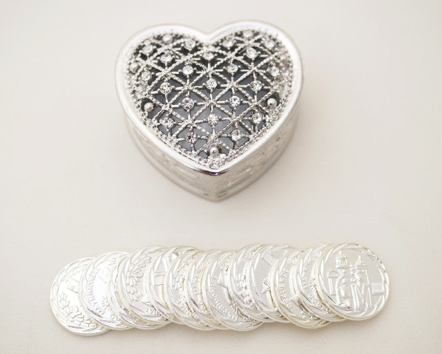 Silver Heart Arras Box Coin Set with Rhinestones 1.5 Inch