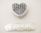 Silver Heart Arras Box Coin Set with Rhinestones 1.5 Inch
