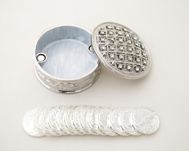 Silver Round Arras Box Coin Set with Rhinestones 2 Inch