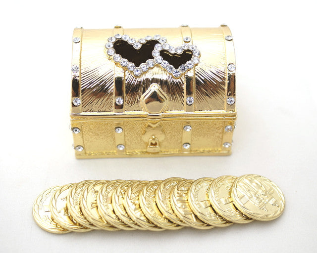 Gold Double Heart Treasure Chest Arras Box Coin Set 2.2 Inch