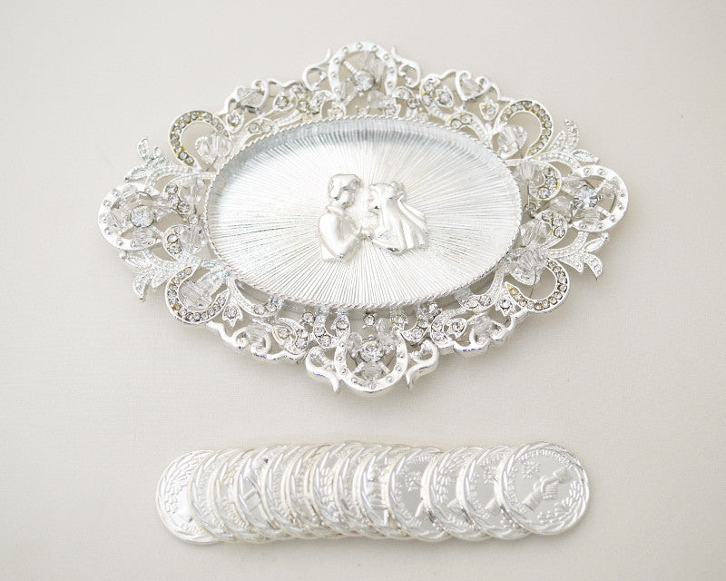 Silver Oval Arras Tray Coin Set with Couple 4.5 Inch