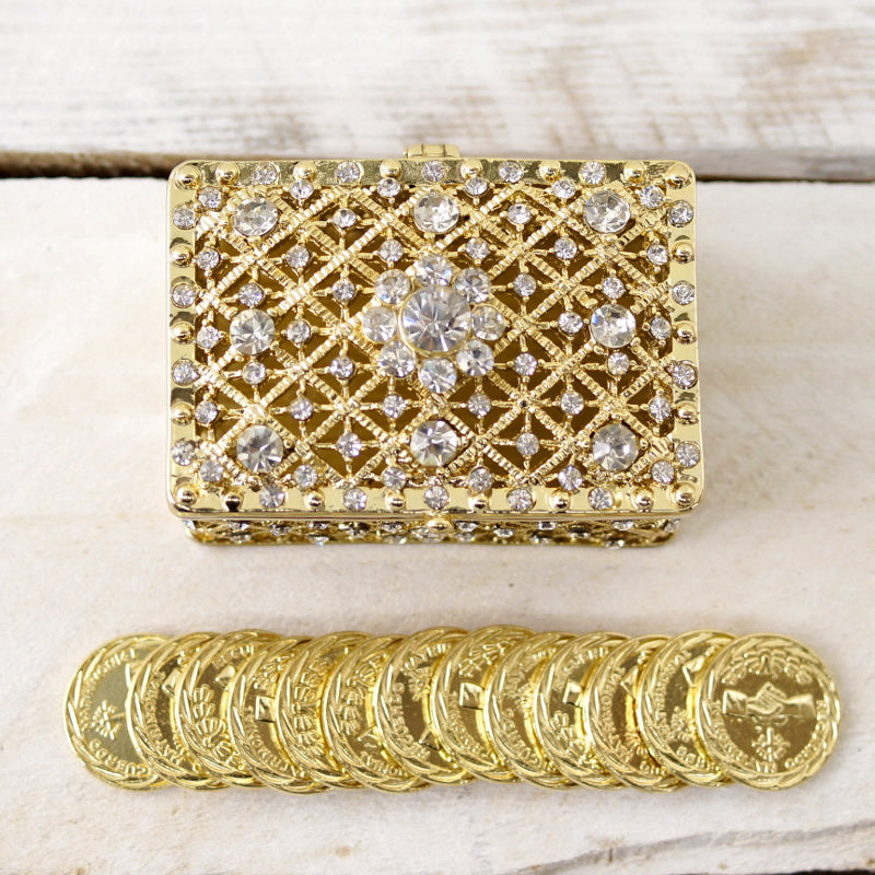 Gold Rectangle Rhinestone Wedding Arras Box Set 2.5 Inch
