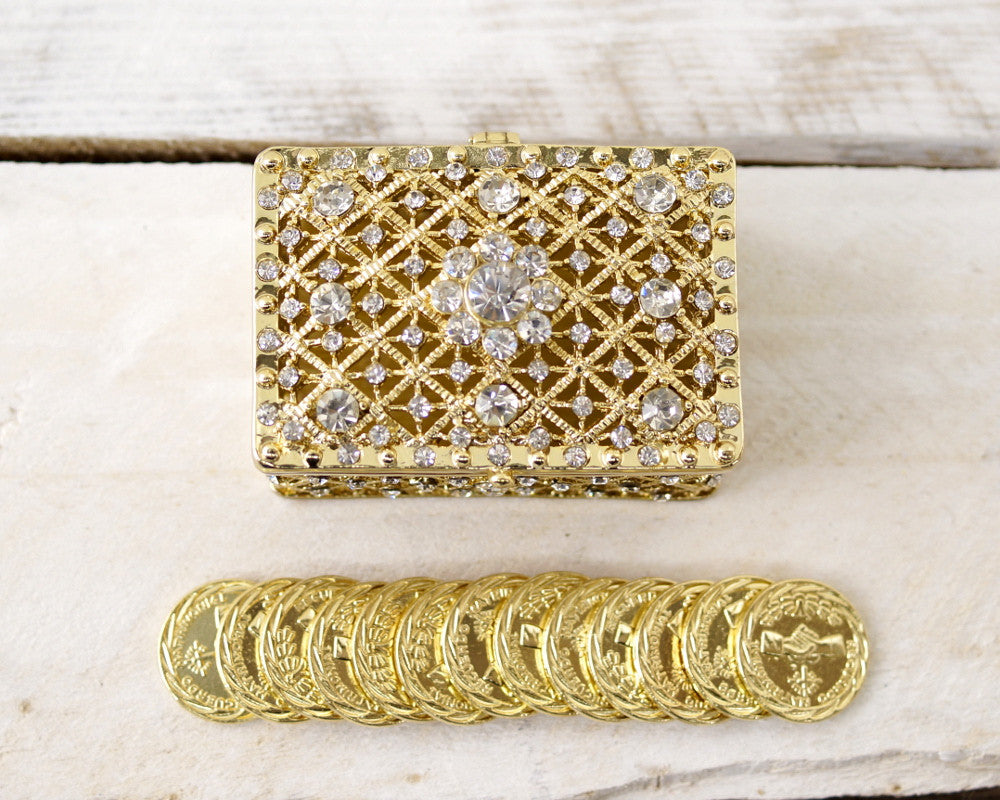 Gold Rectangle Rhinestone Wedding Arras Box Set 2.5 Inch