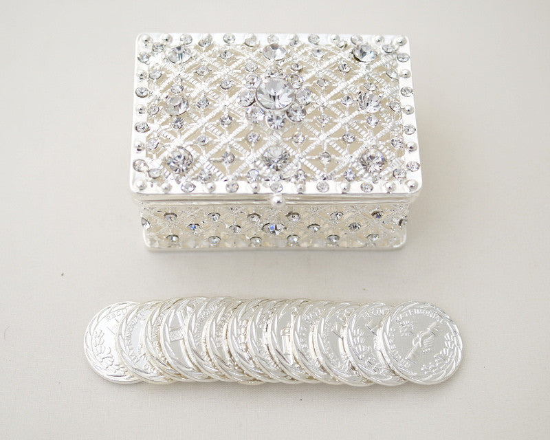 Silver Rectangle Rhinestone Wedding Arras Box Set 2.5 Inch