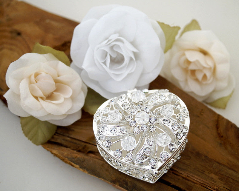Silver Heart Crystal Wedding Arras Box Set 2.75 Inch Coins