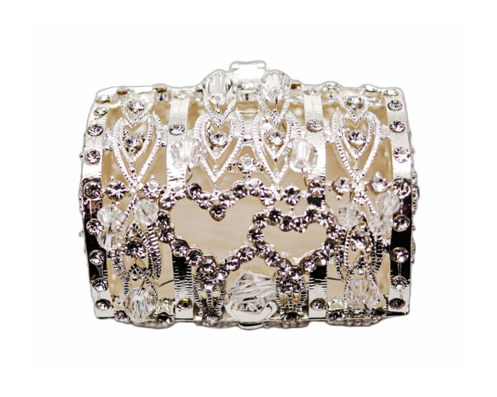 Silver Double Heart Crystal Arras Box Set Treasure Chest 2.25 Inch