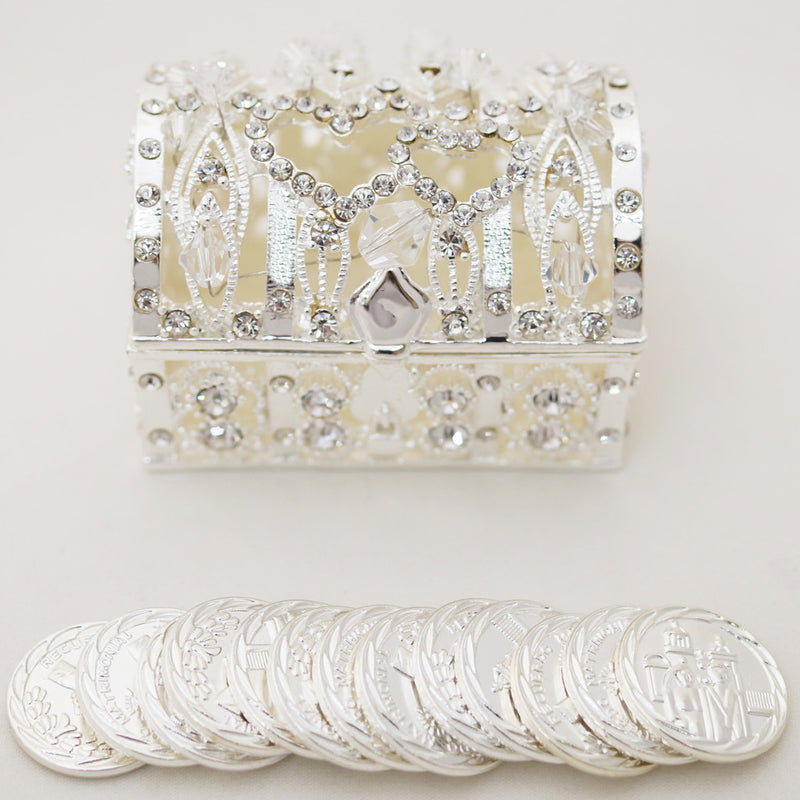 Silver Double Heart Crystal Arras Box Set Treasure Chest 2.25 Inch