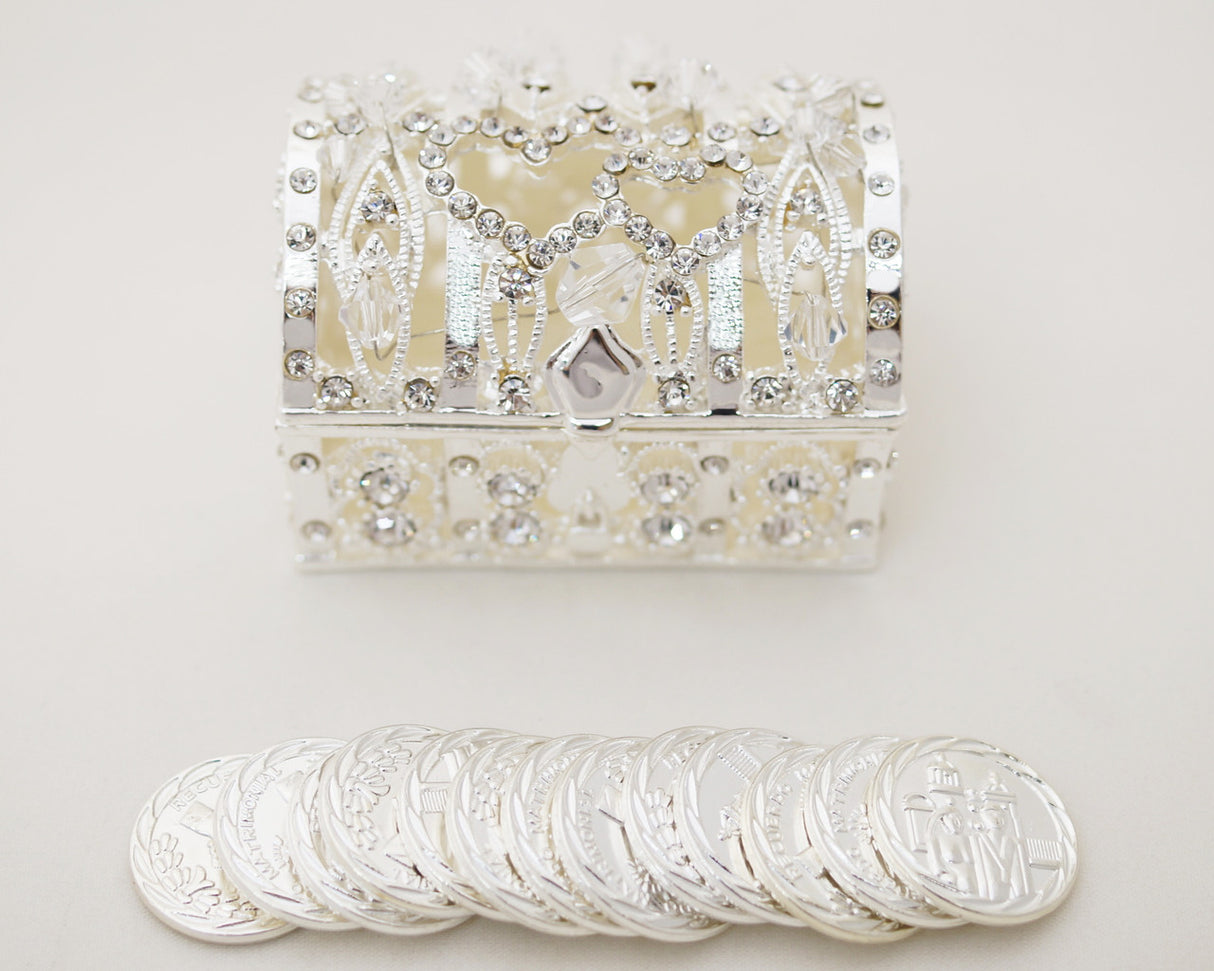 Silver Double Heart Crystal Arras Box Set Treasure Chest 2.25 Inch