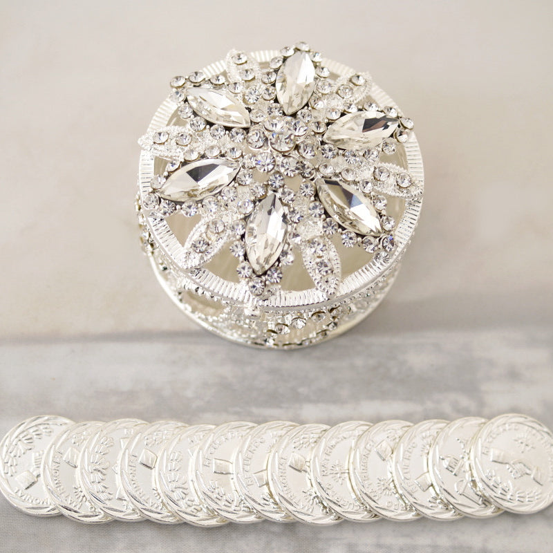 Silver Round Crystal Wedding Arras Box Set 2.4 Inch Coins