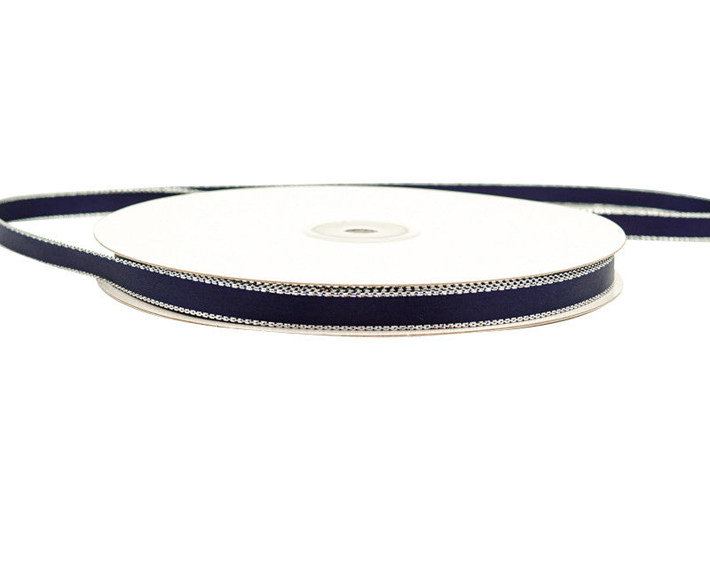 3/8"x50 yard Navy Blue Satin Gift Ribbon with Silver Edge - Pack of 15 Rolls