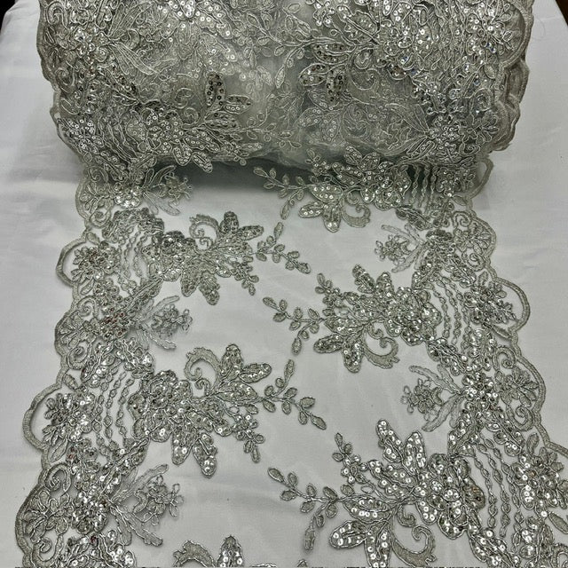 Silver Sequin Lace Fabric With Embroideries On Mesh VT-18 - Silver Embroidered Sequin Lace, 52" Width