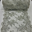 Silver Sequin Lace Fabric With Embroideries On Mesh VT-18 - Silver Embroidered Sequin Lace, 52" Width