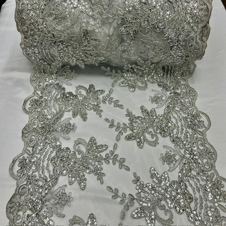 Silver Sequin Lace Fabric With Embroideries On Mesh VT-18 - Silver Embroidered Sequin Lace, 52" Width