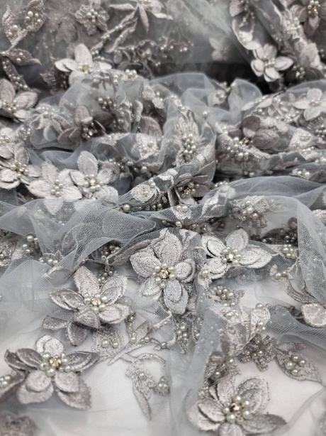 Beaded 3D Floral Lace Silver