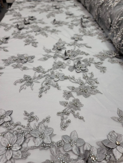 Beaded 3D Floral Lace Silver