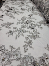 Beaded 3D Floral Lace Silver