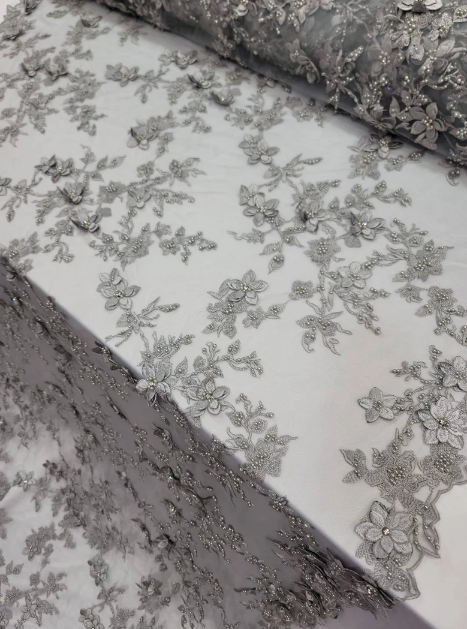 Beaded 3D Floral Lace Silver