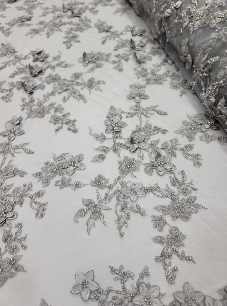 Beaded 3D Floral Lace Silver