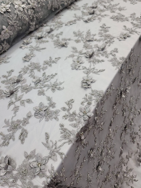 Beaded 3D Floral Lace Silver