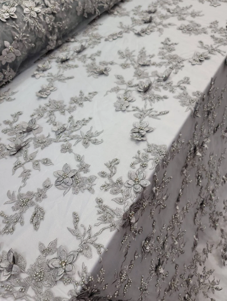 Beaded 3D Floral Lace Silver