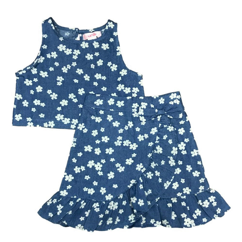 Unik Girl Denim Print Skirt Set - Denim Print, Girls Skirt Set, Multi Color, 2-14 (1 Set)