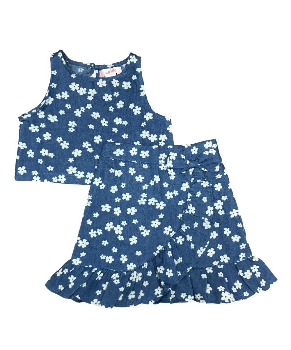 Unik Girl Denim Print Skirt Set - Denim Print, Girls Skirt Set, Multi Color, 2-14 (1 Set)