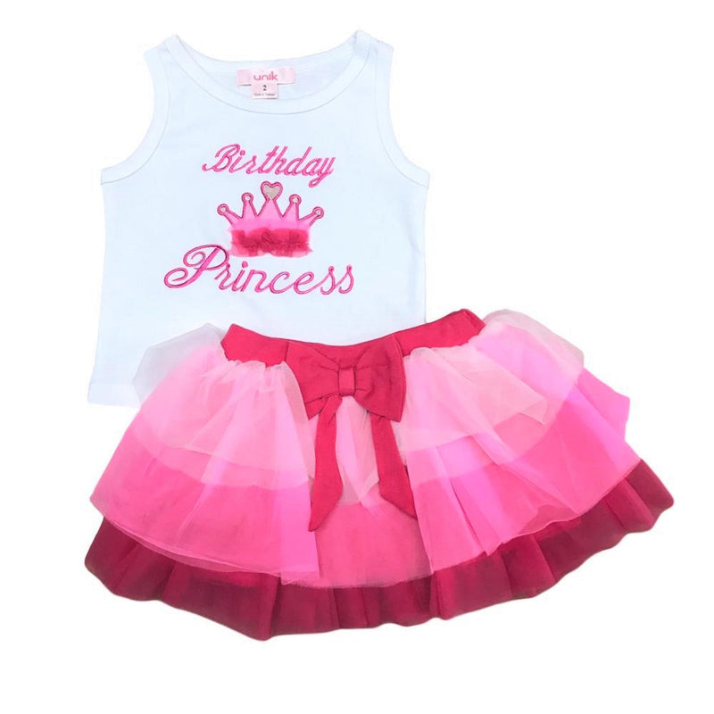 Girl Tulle Layered Birthday Princess Skirt Set - Pink, Mint, Purple (Sizes 2-8)