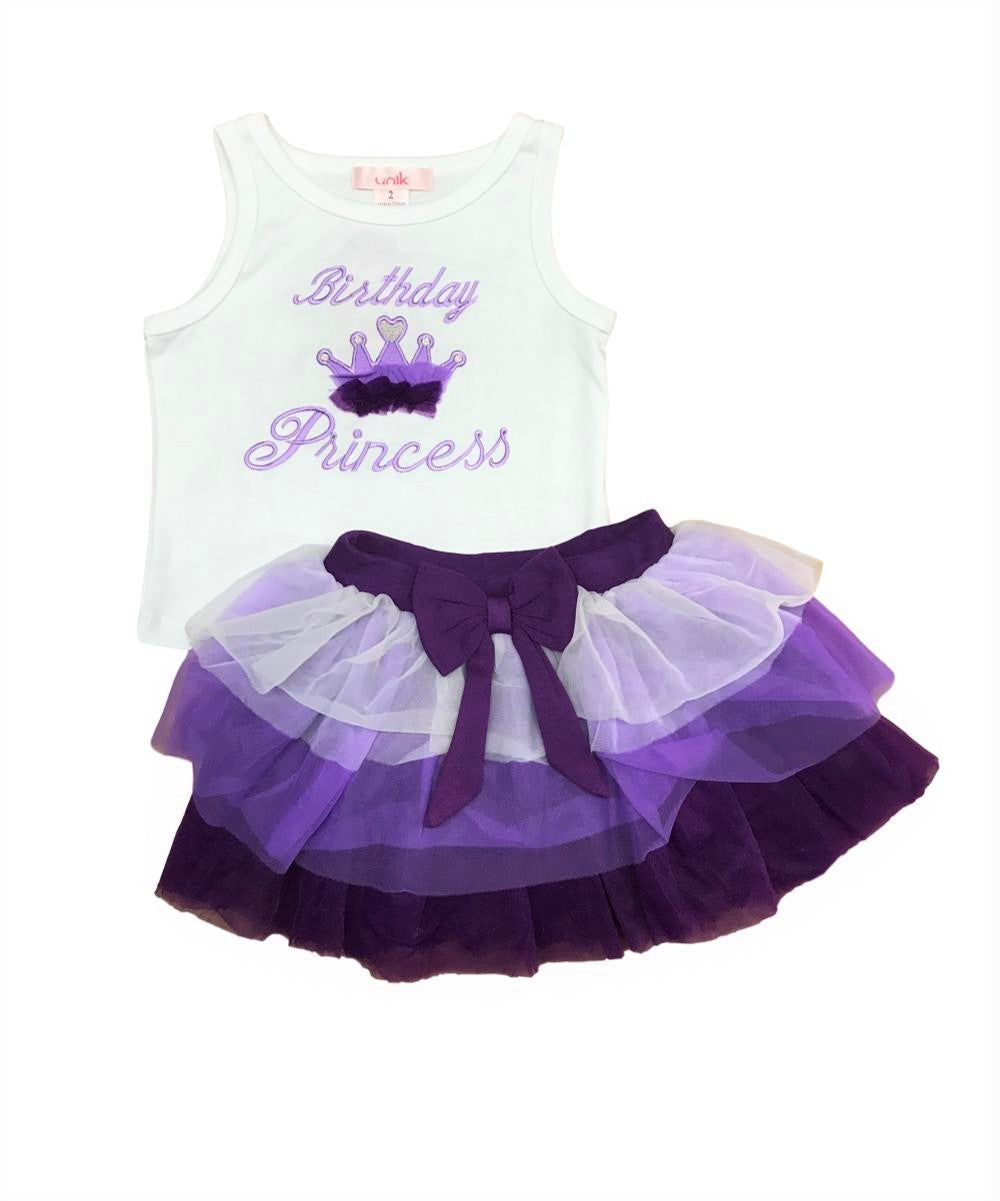 Girl Tulle Layered Birthday Princess Skirt Set - Pink, Mint, Purple (Sizes 2-8)