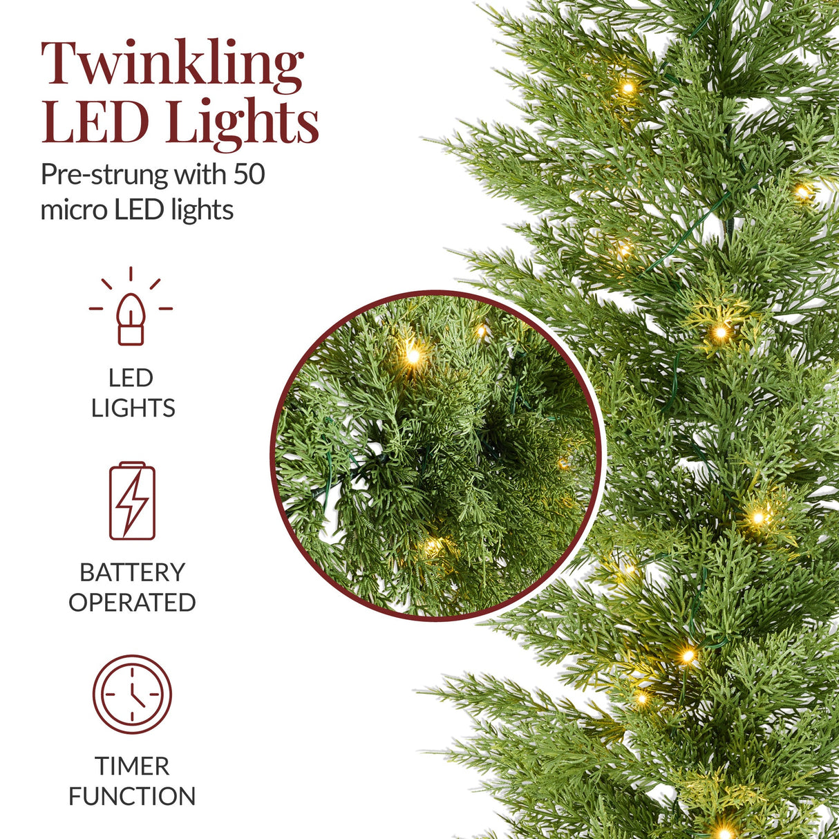 Pre-Lit Cedar Cypress Christmas Garland with Twinkling LED Lights