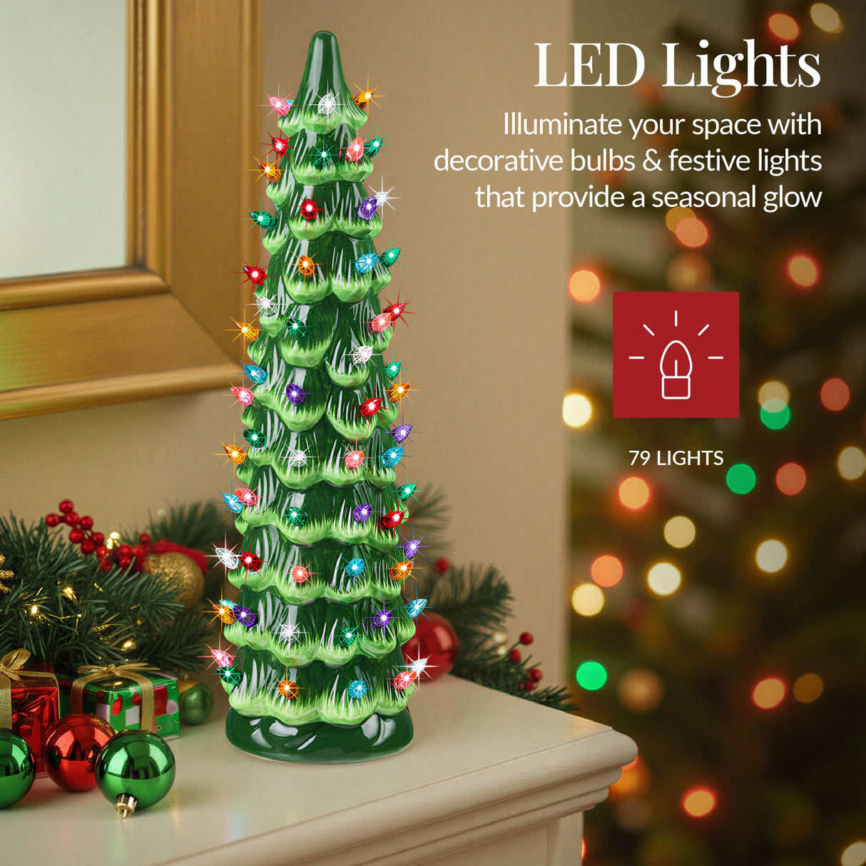 15-Inch Hand-Painted Ceramic Christmas Tree with LED Lights
