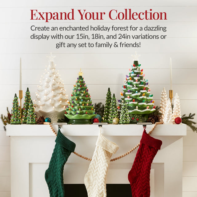 Hand-painted ceramic Christmas tree with glowing LED lights displayed as mantel decor