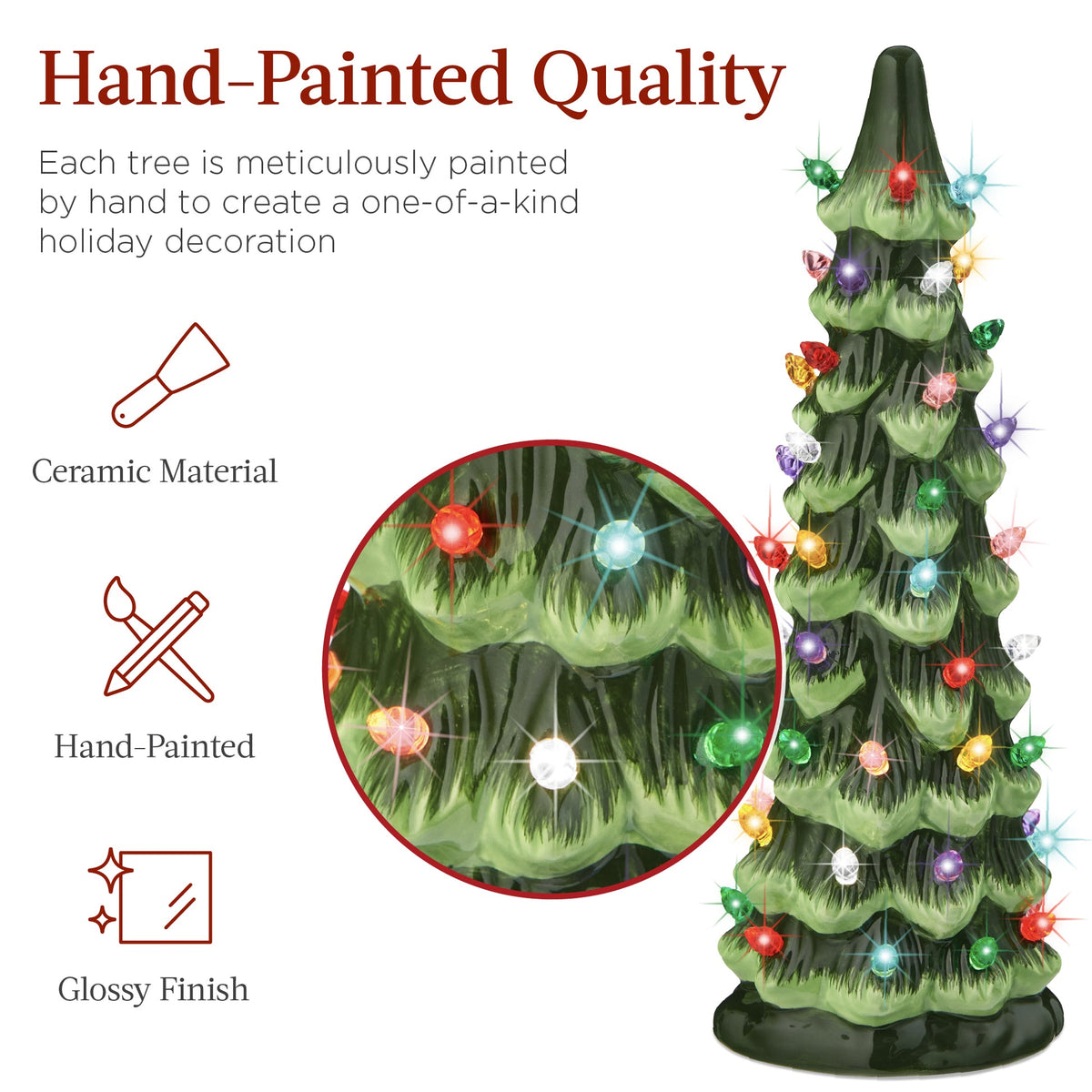 Set of XL pre-lit ceramic tabletop Christmas trees with LED lights displayed together