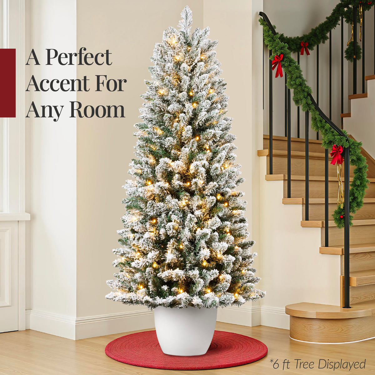 Pre-Lit Potted Flocked Christmas Tree with Twinkling LED Lights product image showing its overall design and key.