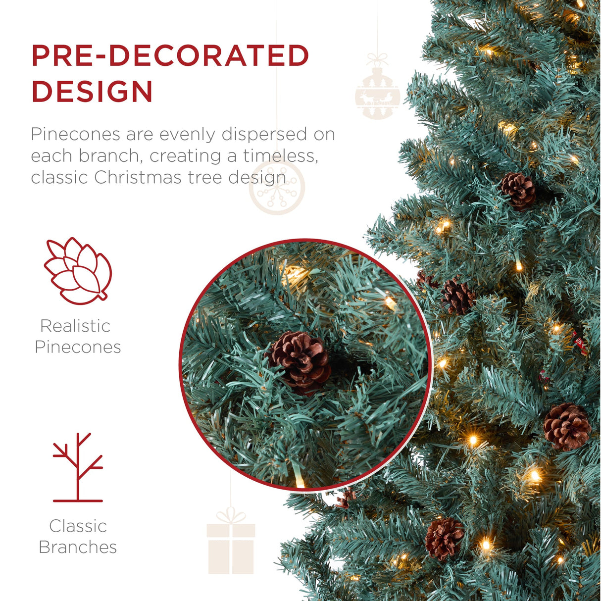 Pre Lit Pre Decorated Christmas Tree with Pinecones LED Lights