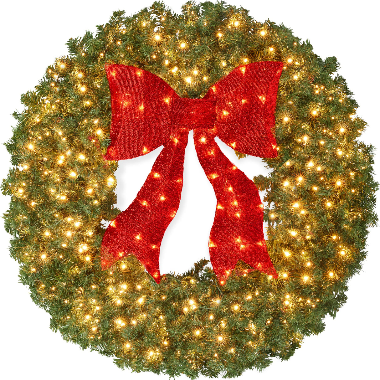 Pre-Lit Artificial Red Bow Fir Christmas Wreath with LED Lights