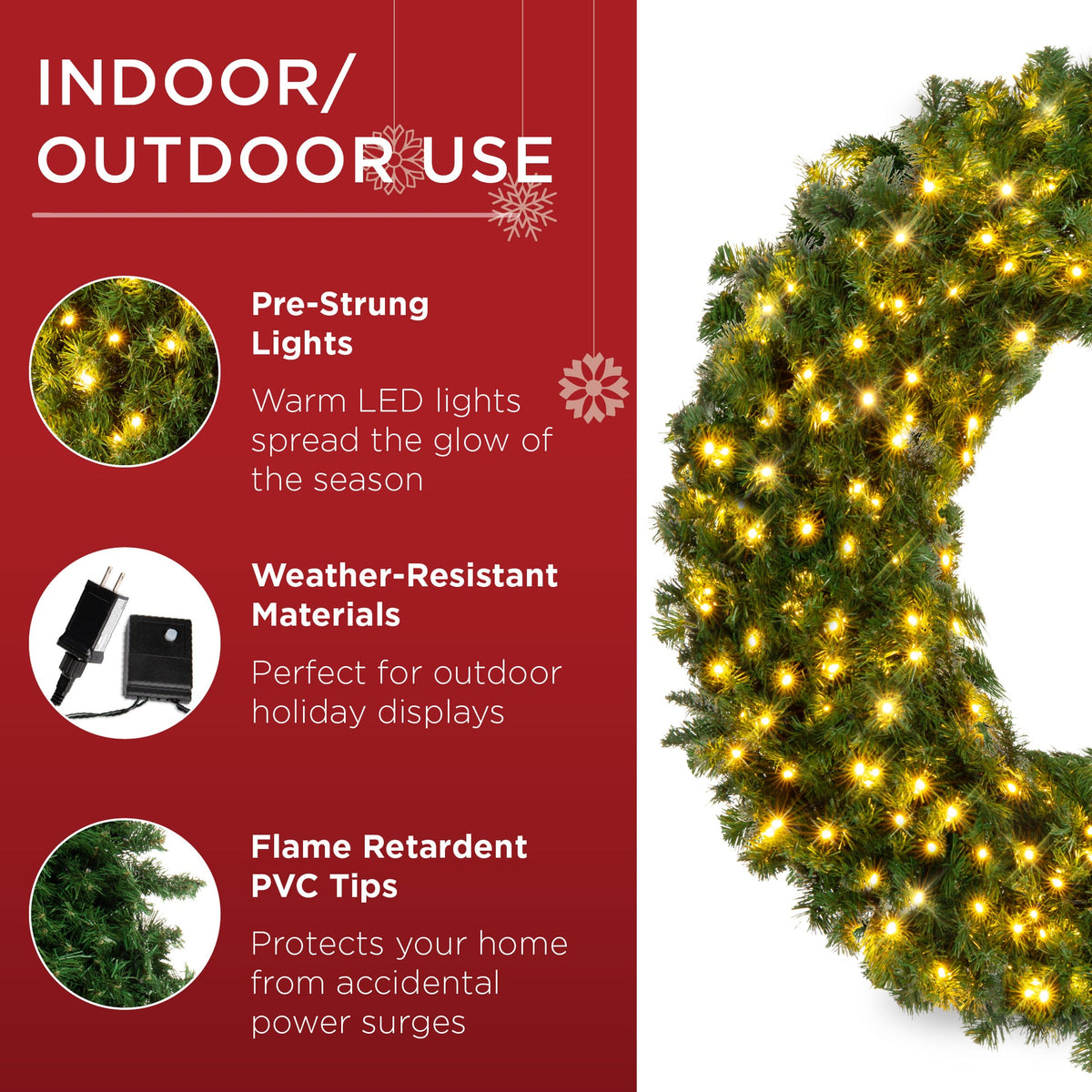 Plug-in pre-lit artificial fir Christmas wreath glowing with LED lights hung on a front door