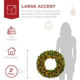 Pre-lit artificial fir Christmas wreath glowing with multicolor LED lights on a wooden door