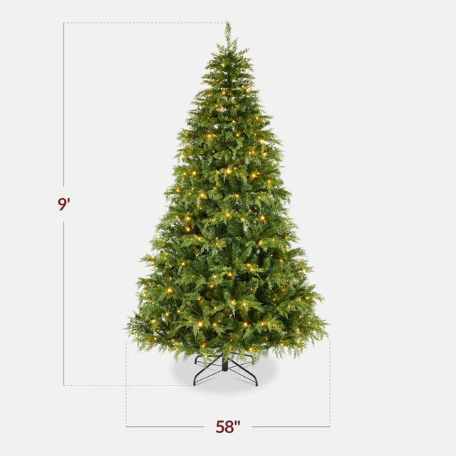 Pre-Lit Cedar Cypress Christmas Tree with Twinkling String Lights product image showing its overall design and key.