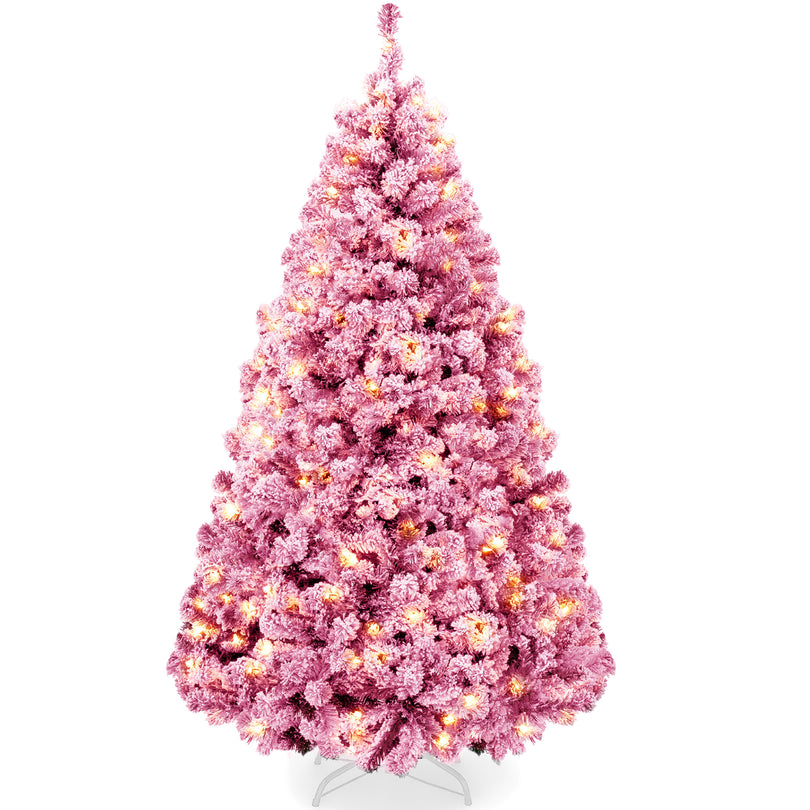 Pre-Lit Snow Flocked Christmas Tree with Twinkle Light Effects product image showing its overall design and key.