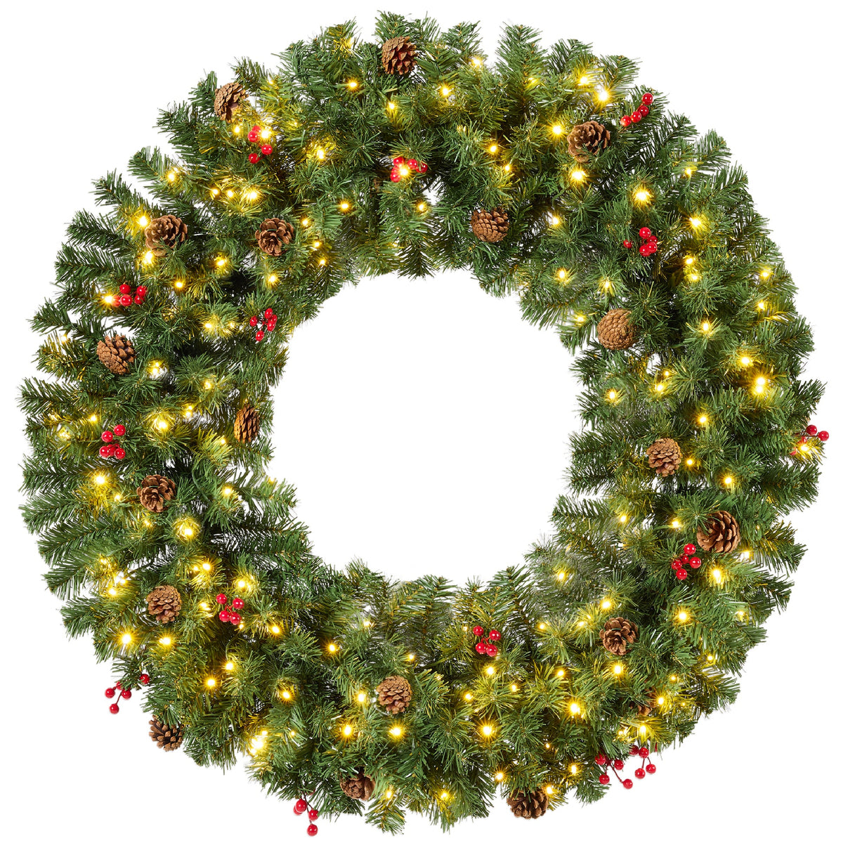 Pre-lit artificial Christmas wreath decorated with berries and pinecones on a wooden door