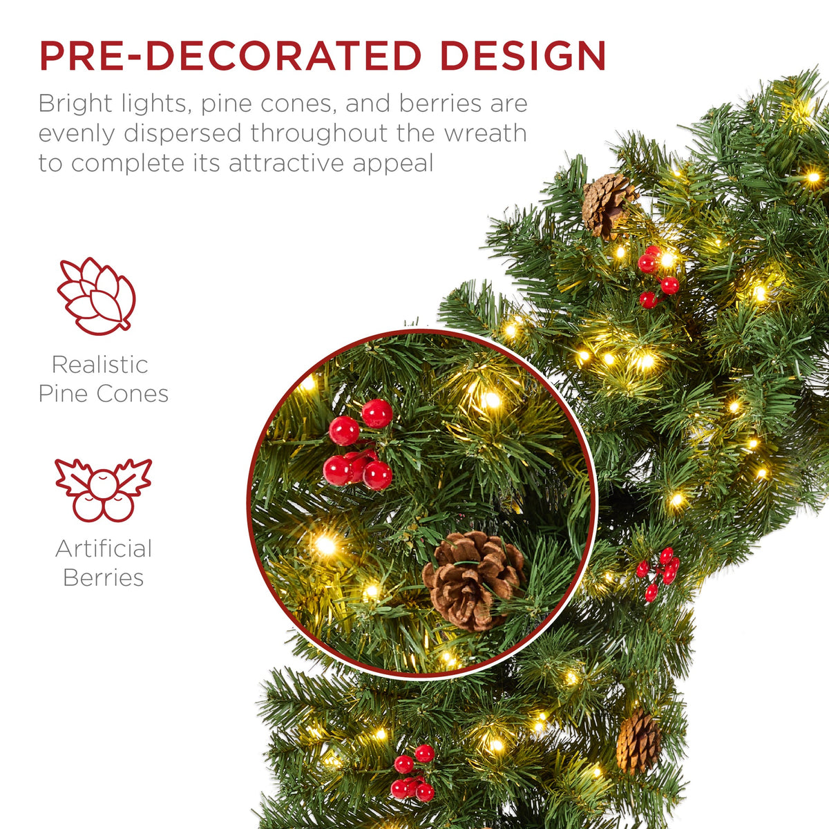 Pre-lit artificial Christmas wreath decorated with berries and pinecones on a wooden door