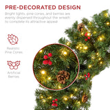Pre-lit artificial Christmas wreath decorated with berries and pinecones on a wooden door