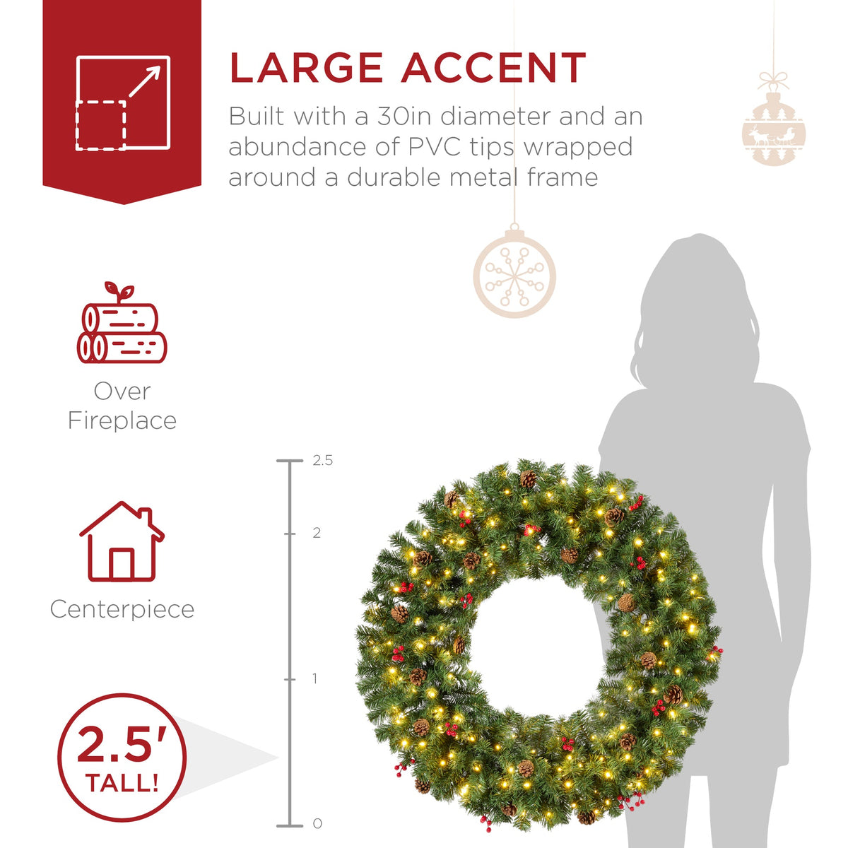 Pre-lit artificial Christmas wreath decorated with berries and pinecones on a wooden door