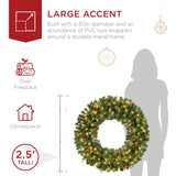 Pre-lit artificial Christmas wreath decorated with berries and pinecones on a wooden door