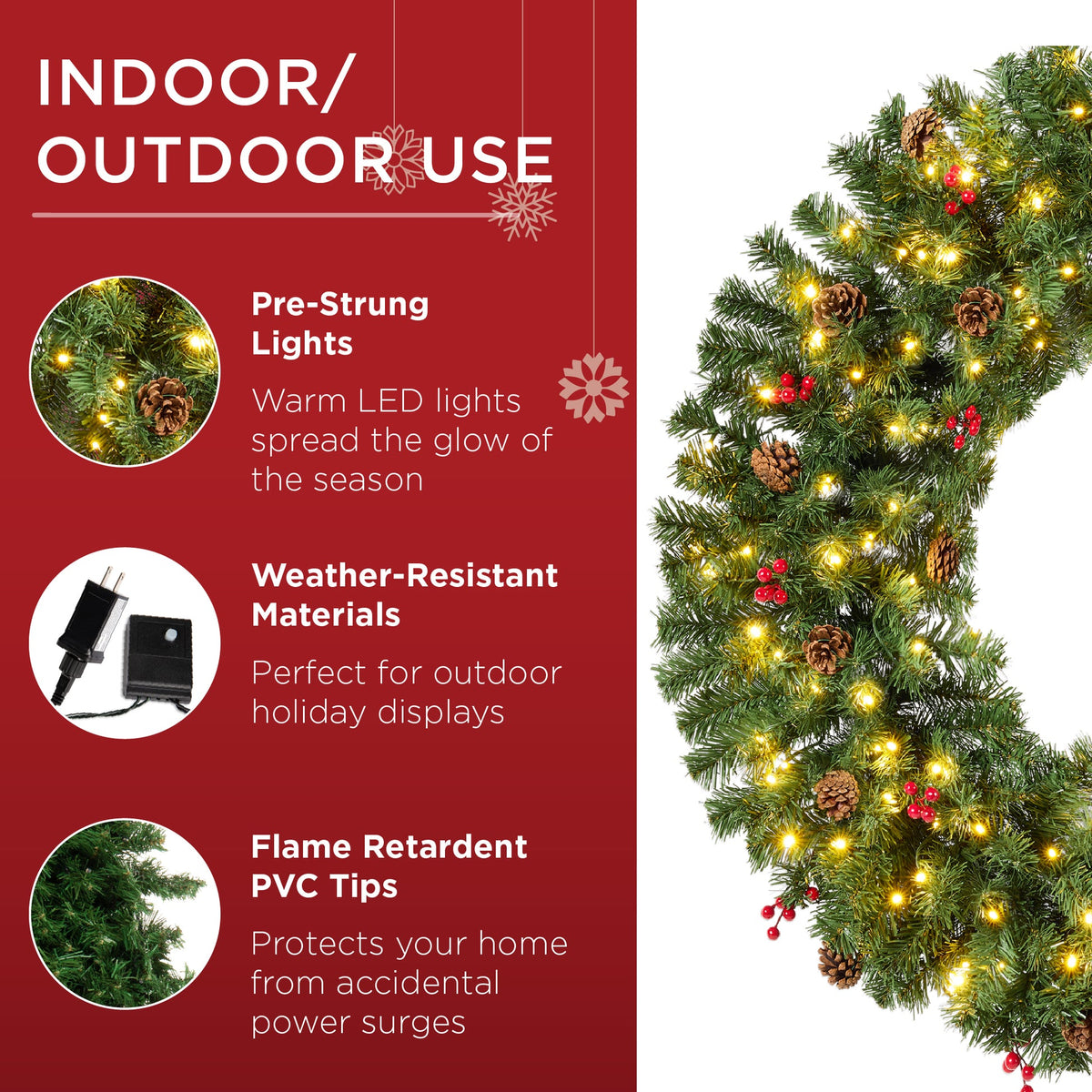 Pre-lit artificial Christmas wreath decorated with berries and pinecones on a wooden door
