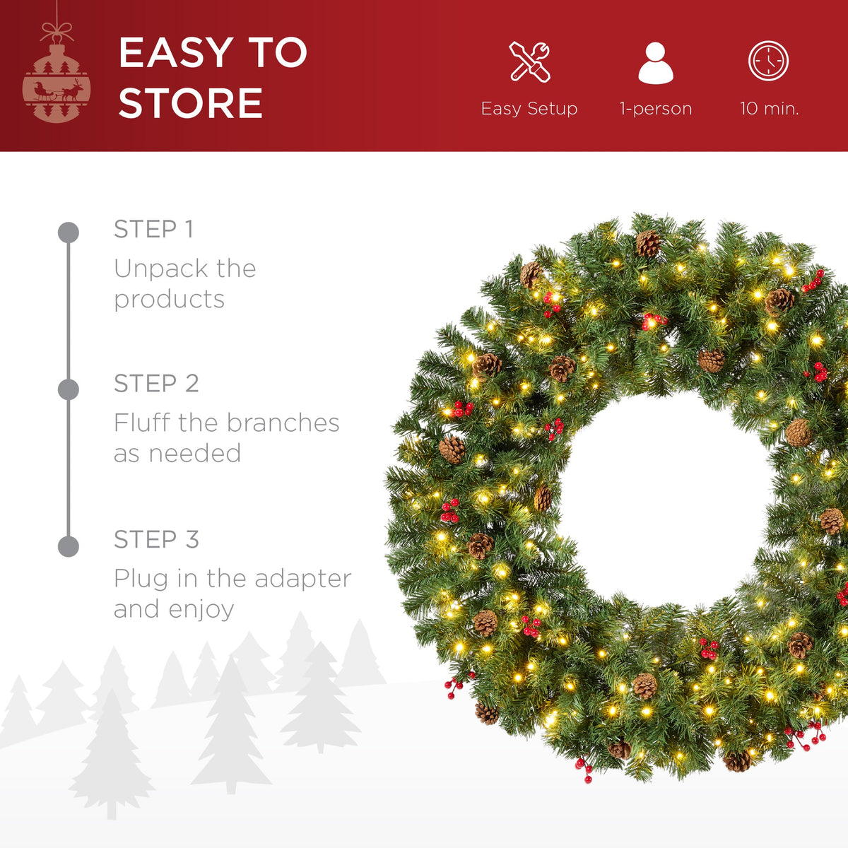 Pre-lit artificial Christmas wreath decorated with berries and pinecones on a wooden door