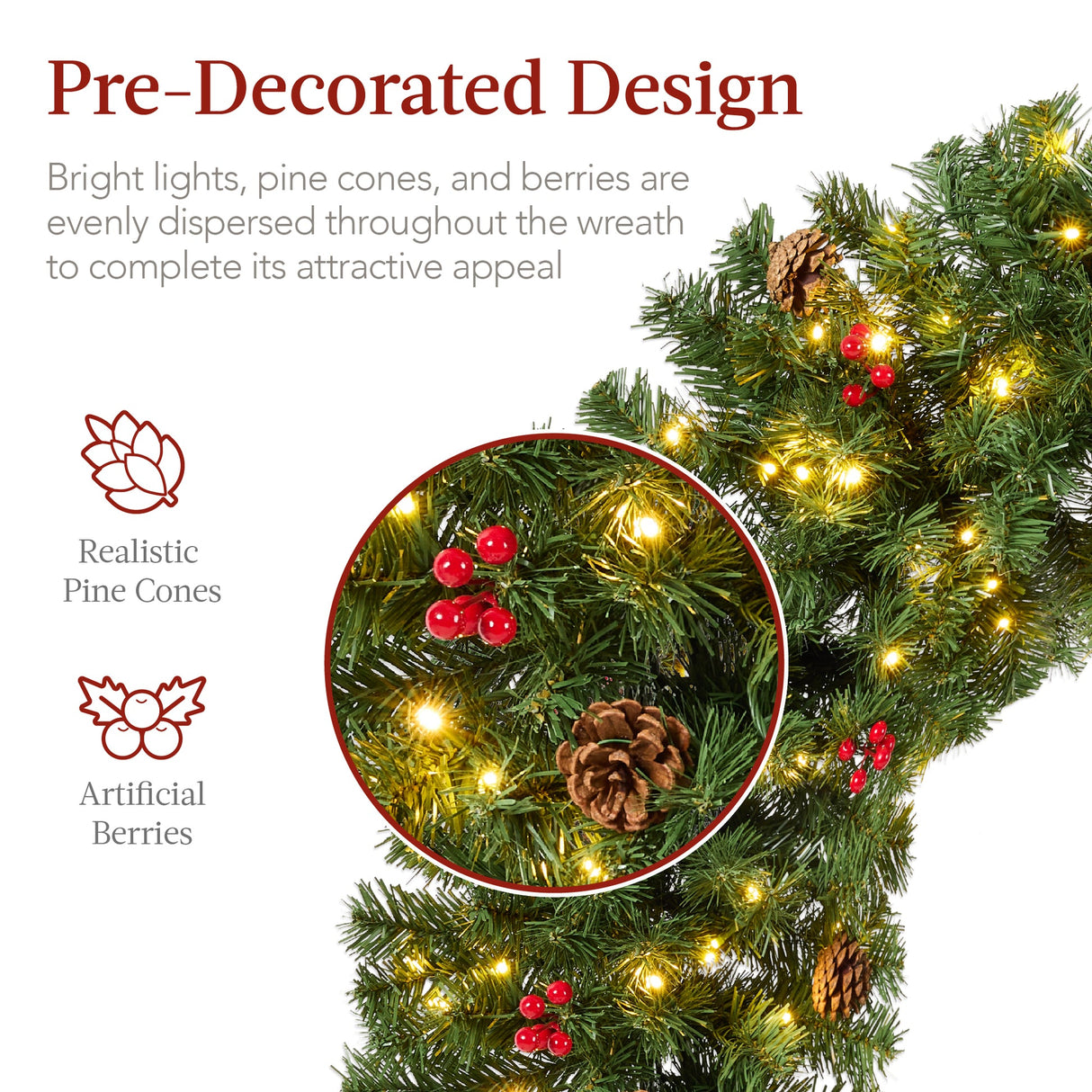 Pre-Lit Artificial Christmas Wreath with Red Bow, Berries & Pinecones